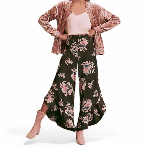 Anthropologie Elevenses Tansy Ruffle Leg Pants Black Floral US Size 6 - Picture 6 of 15